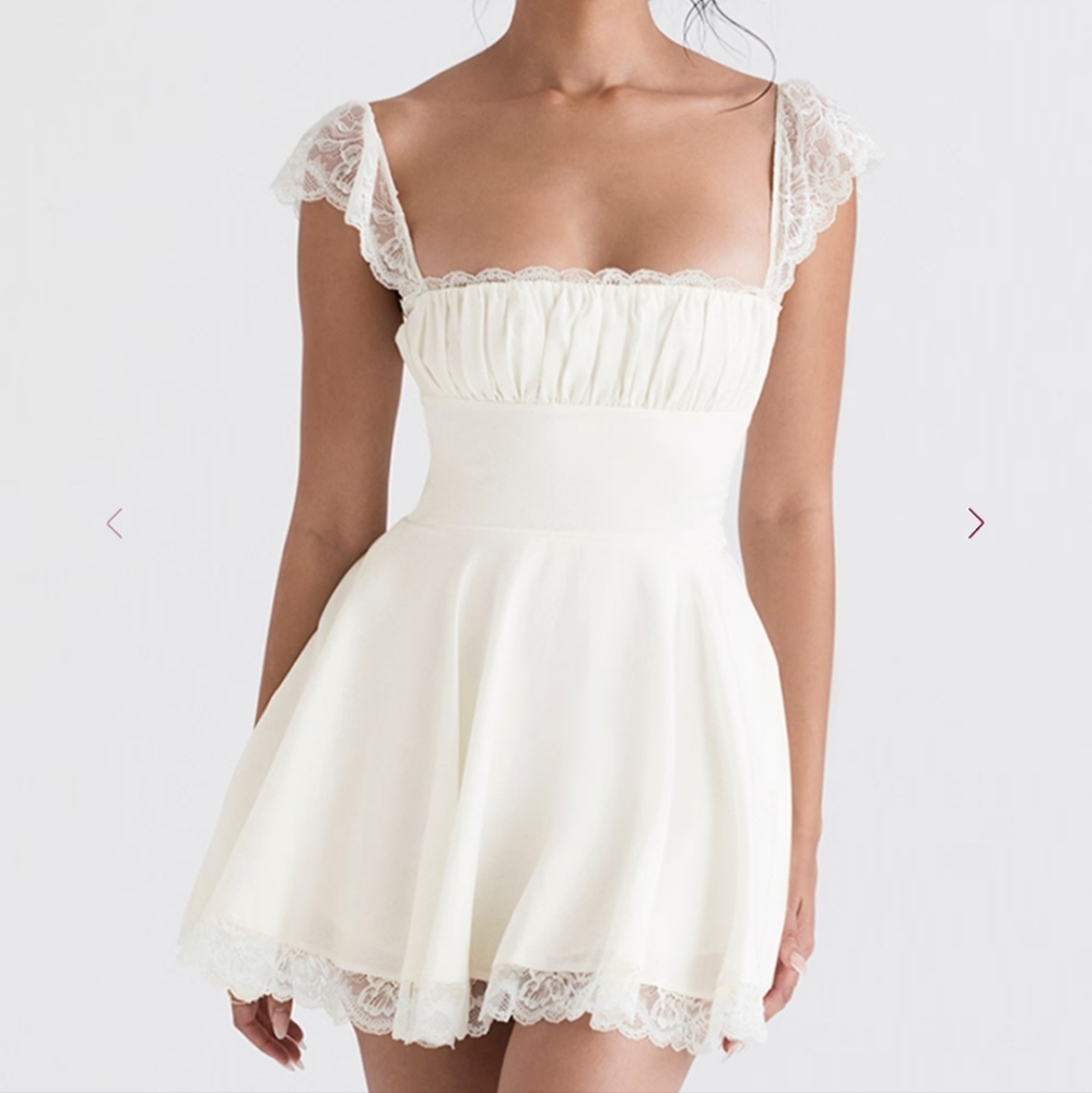 House of CB Kaia Square Neck Mini Dress Lace Trim White - Size M